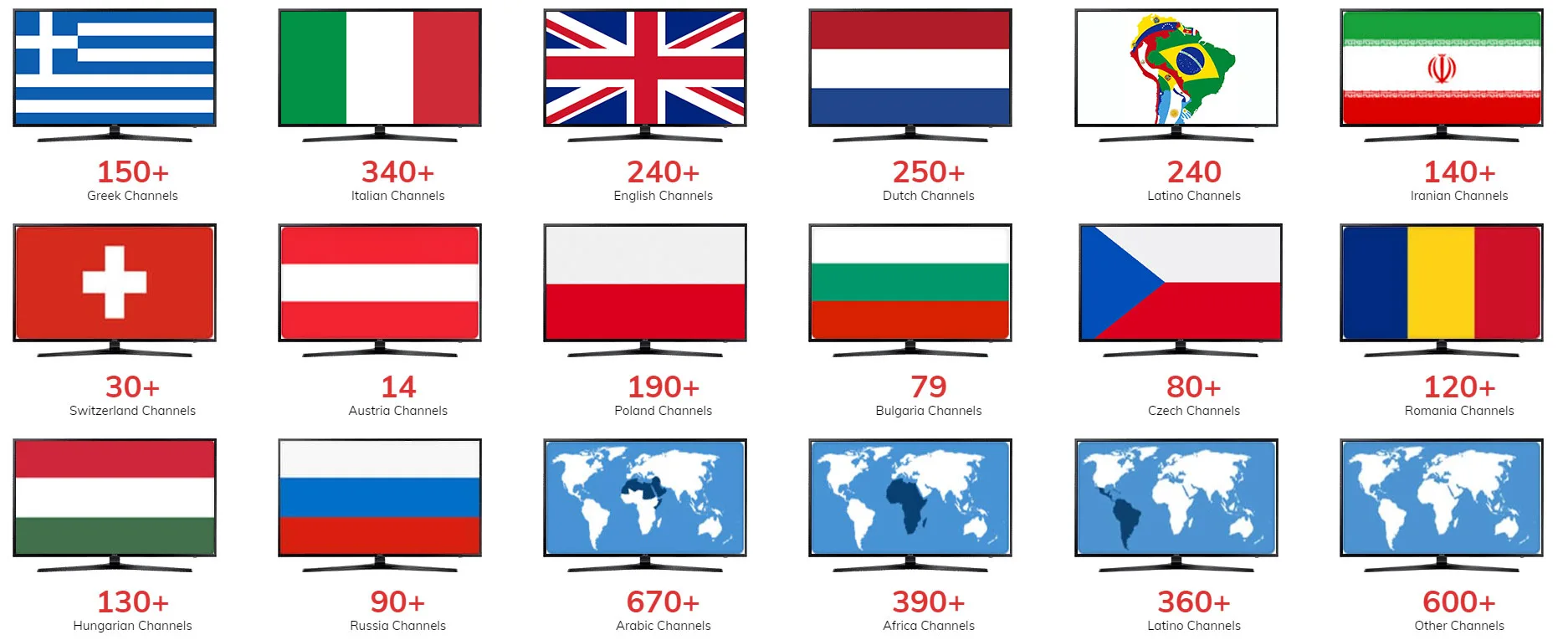 Global IPTV channel coverage map showing flags from around the world